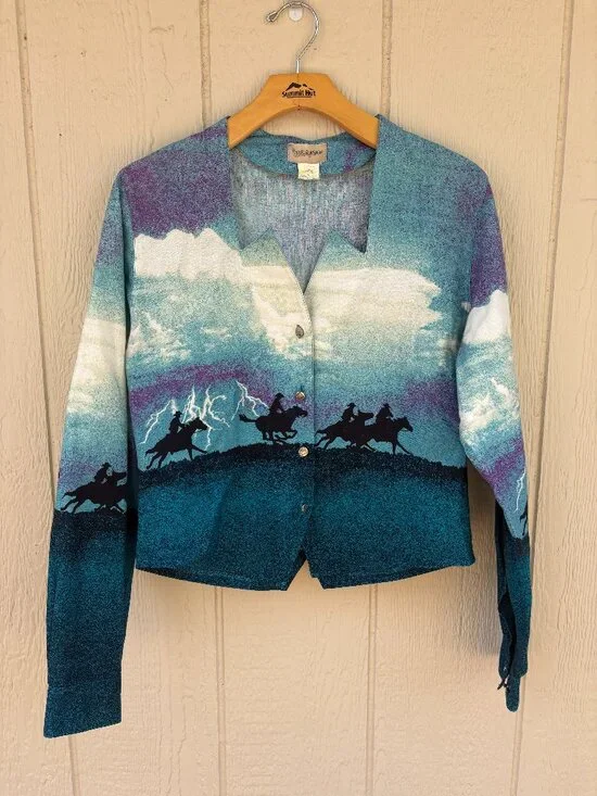 Vintage Wrangler Button Up Shirt Womens Medium Blue Western Cowgirl Rodeo Horses - Picture 1 of 8